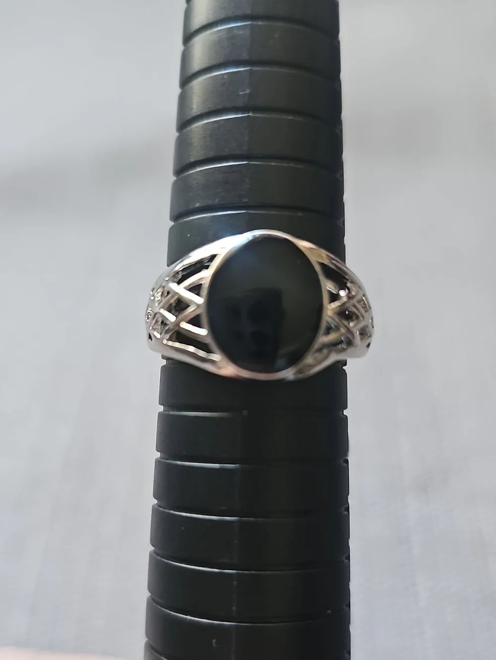Faux Black Onyx Silver Filigree Signet Ring Size 10